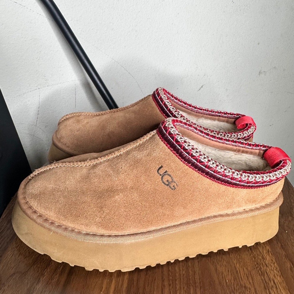 UGG Tazz Chestnut Suede Platform Slippers Red Tasman Braid 1122553 Womens 8 - Picture 3 of 8